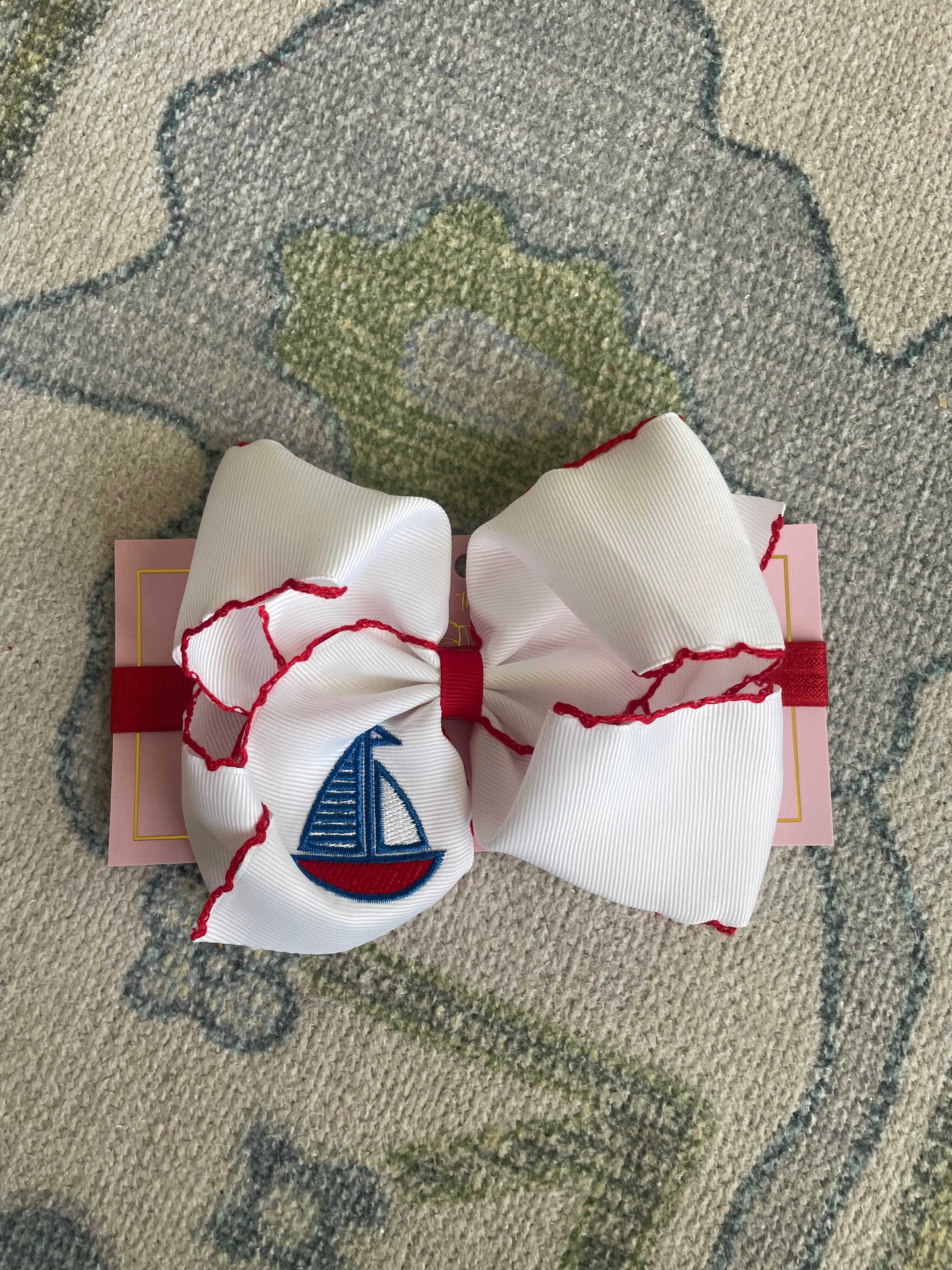 5.5” Sailboat Embroidered Hair Bow on Satin Elastic Headband