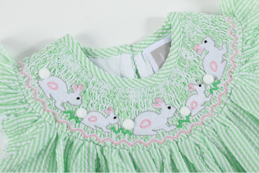 Green Seersucker Easter Bunny Smocked Bishop Dress