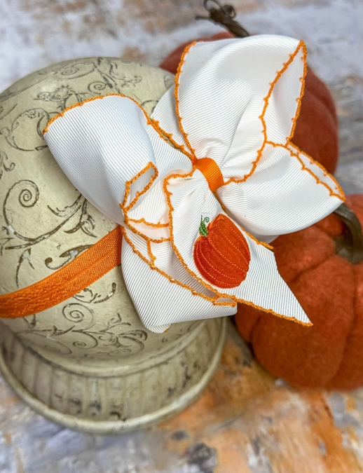 Pumpkin Embroidered Moonstitch Hair Bow Headband