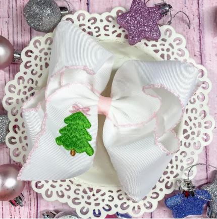 Pink Christmas Tree Embroidered Hair Bow Clip