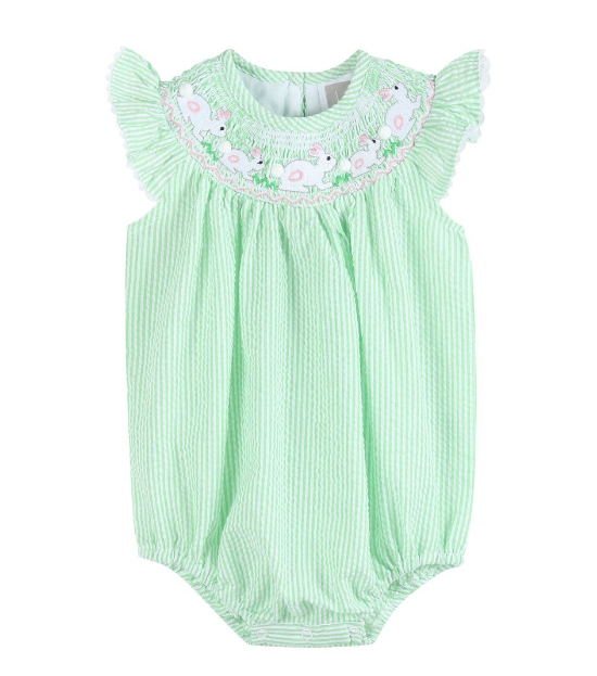 Green Seersucker Easter Bunny Smocked Flutter Romper