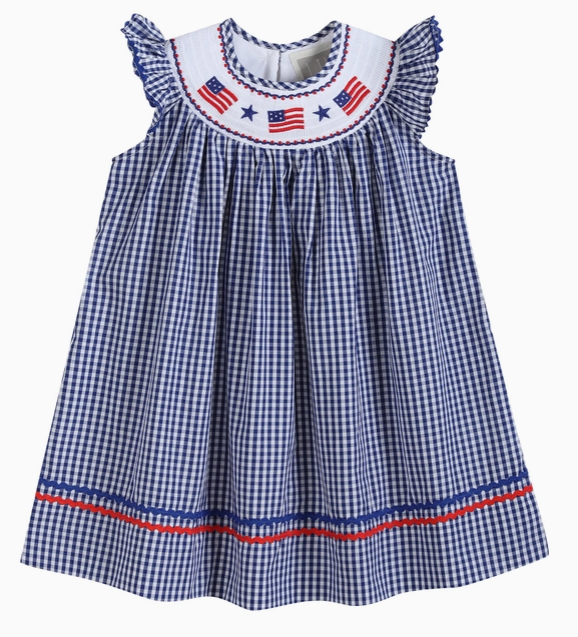 Royal Blue Gingham American Flag Smocked Bishop Dress
