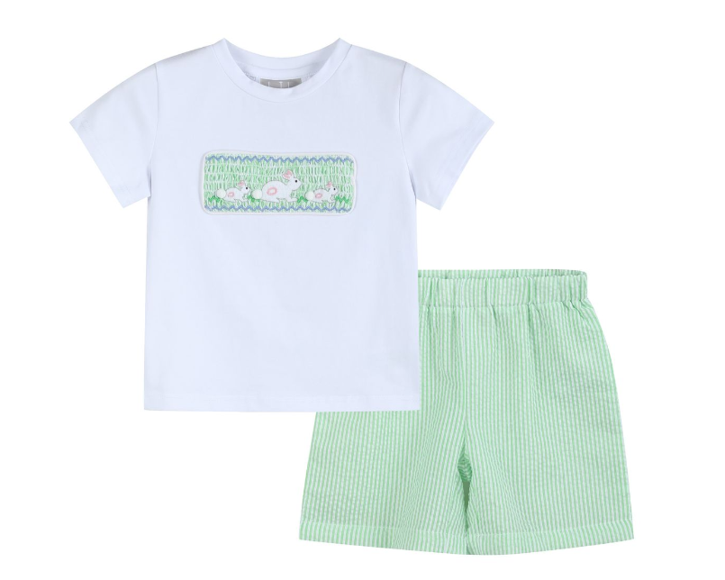 Green Seersucker Easter Bunny Smocked Shirt Short Set