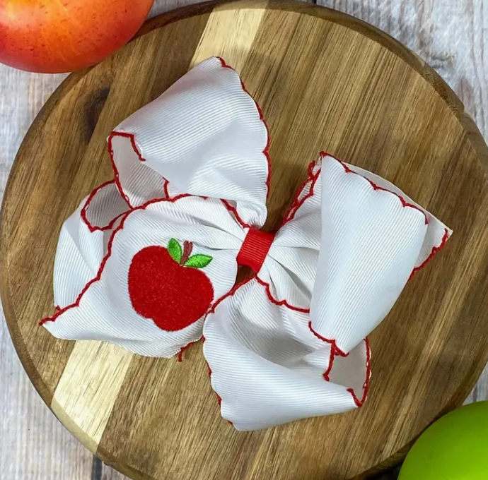 White Apple Embroidered Moonstitch Hair Bow Clip