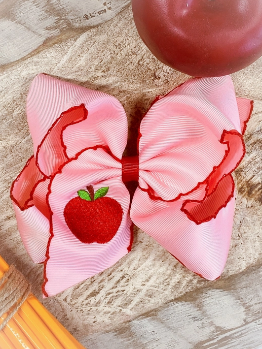 Pink Apple Embroidered Moonstitch Hair Bow Clip