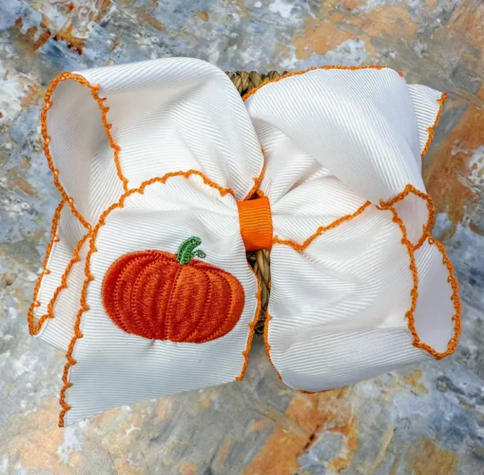 Pumpkin Embroidered Moonstitch Hair Bow Headband