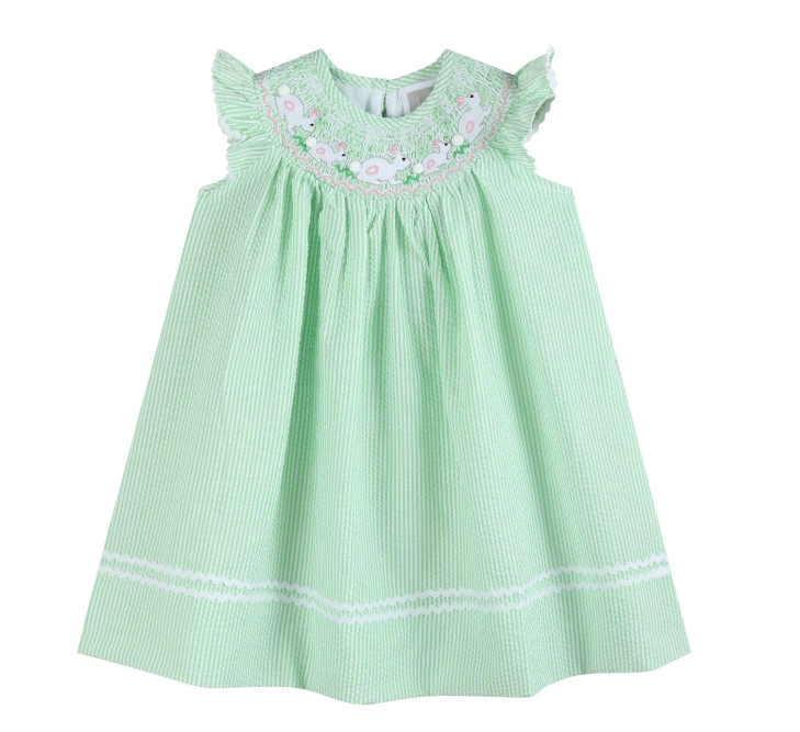 Green Seersucker Easter Bunny Smocked Bishop Dress